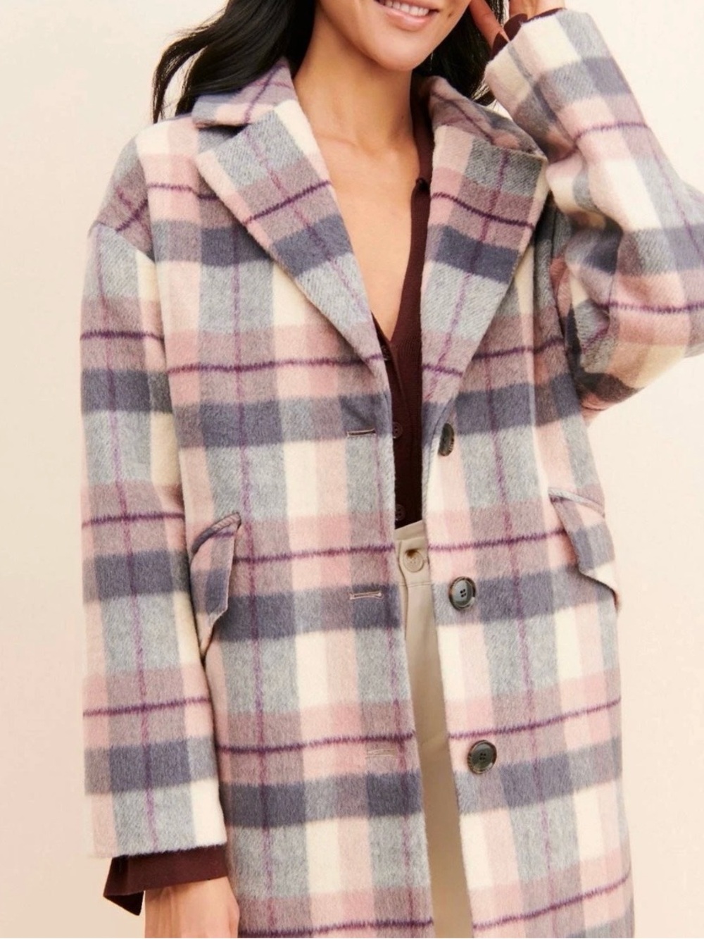 Sanctuary Plaid Long Wool-Blend Coat in Pink and Gray - Medium